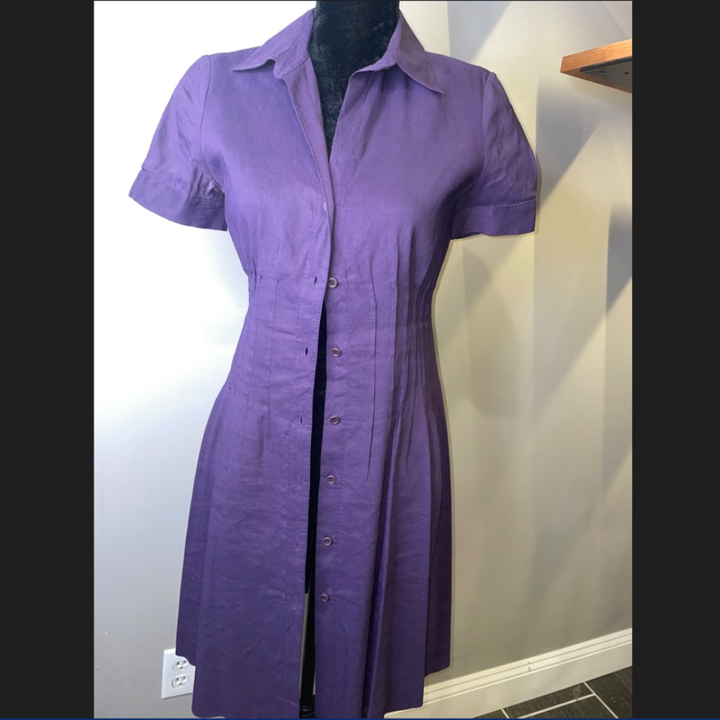 Theory Pleated Waist Dress In Purple Linen